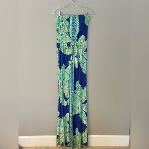Lilly Pulitzer Rosalina Maxi Dress, a strapless tropical leaf print, size M.